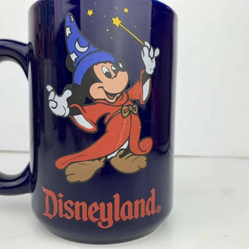 Disneyland Mickey Mouse Blue Mug Fantasia Wizard Wand Yellow 18oz Coffee Vintage